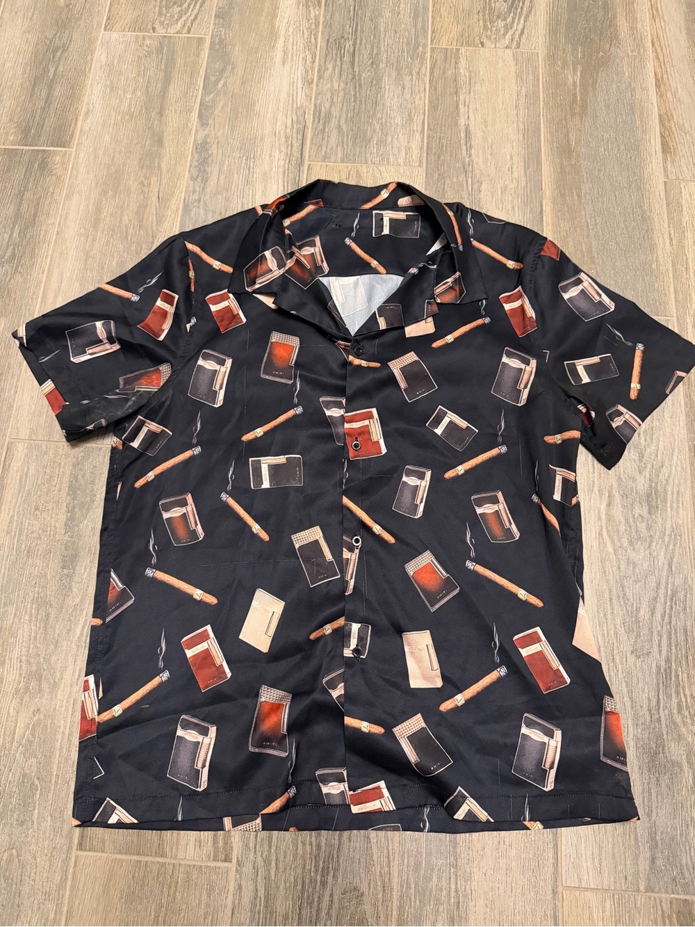 AMIRI Cigar & Lighter Print Silk Bowling Shirt